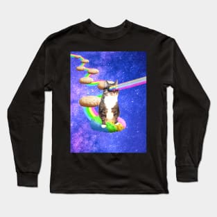 Cute tabby cat in outer space shooting cool rainbows from the sunglasses Long Sleeve T-Shirt